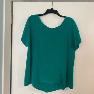 Vtg 90s Classiques Emerald Green Womens L 100% Silk Blouse Back Button Down Work